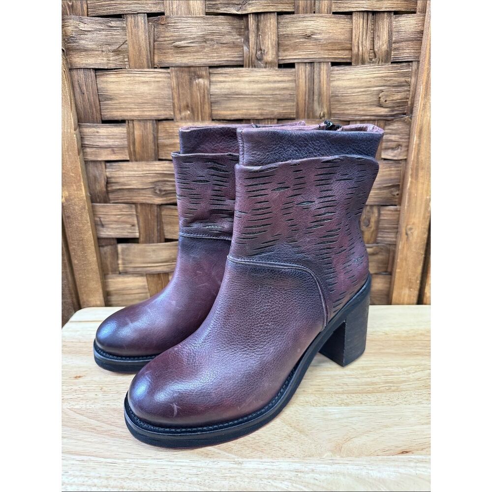 Women's Burgundy Leather Ankle Booties with Block Heel